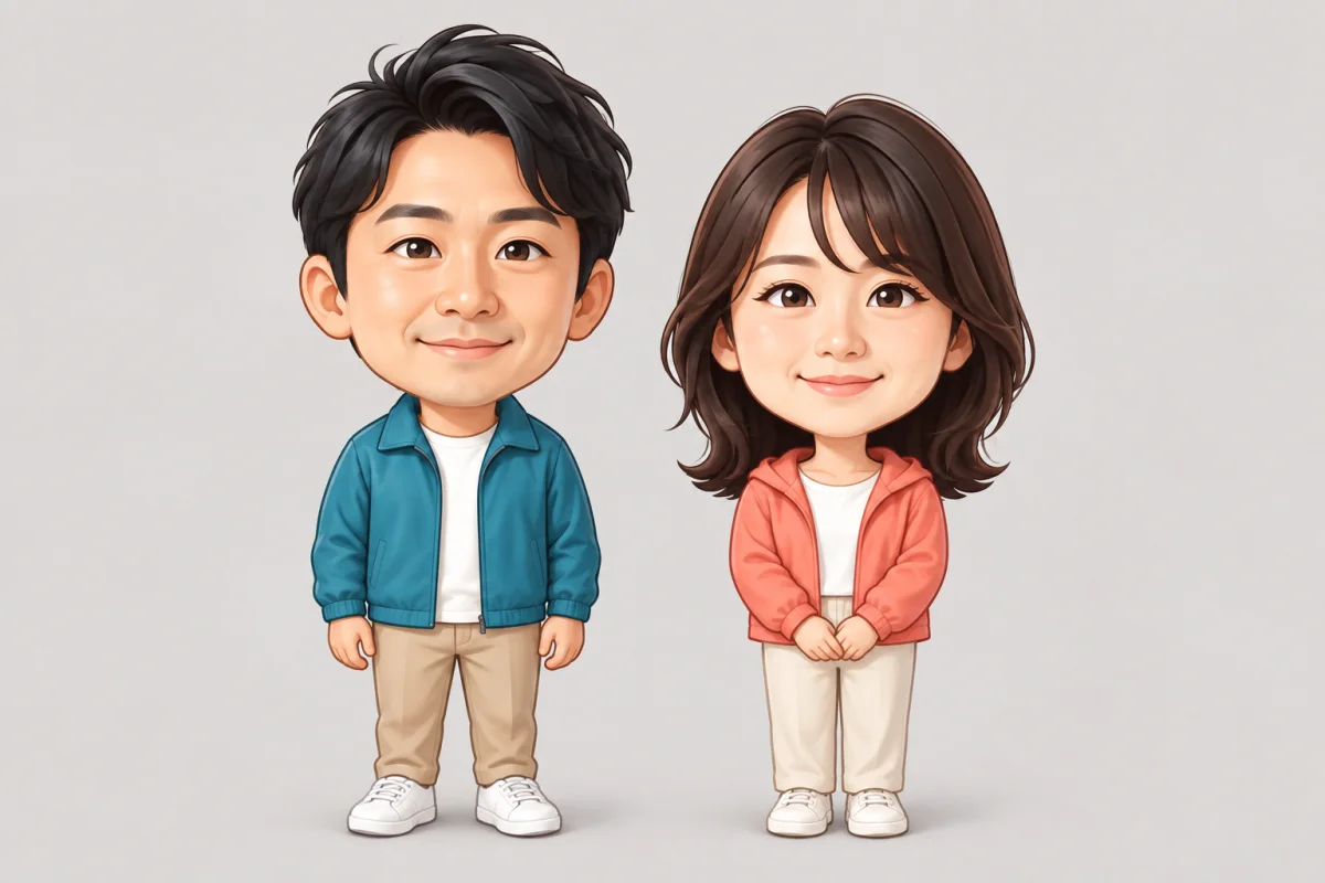 同じ成人男女を2頭身ミニキャラで描いたキャラクター見本