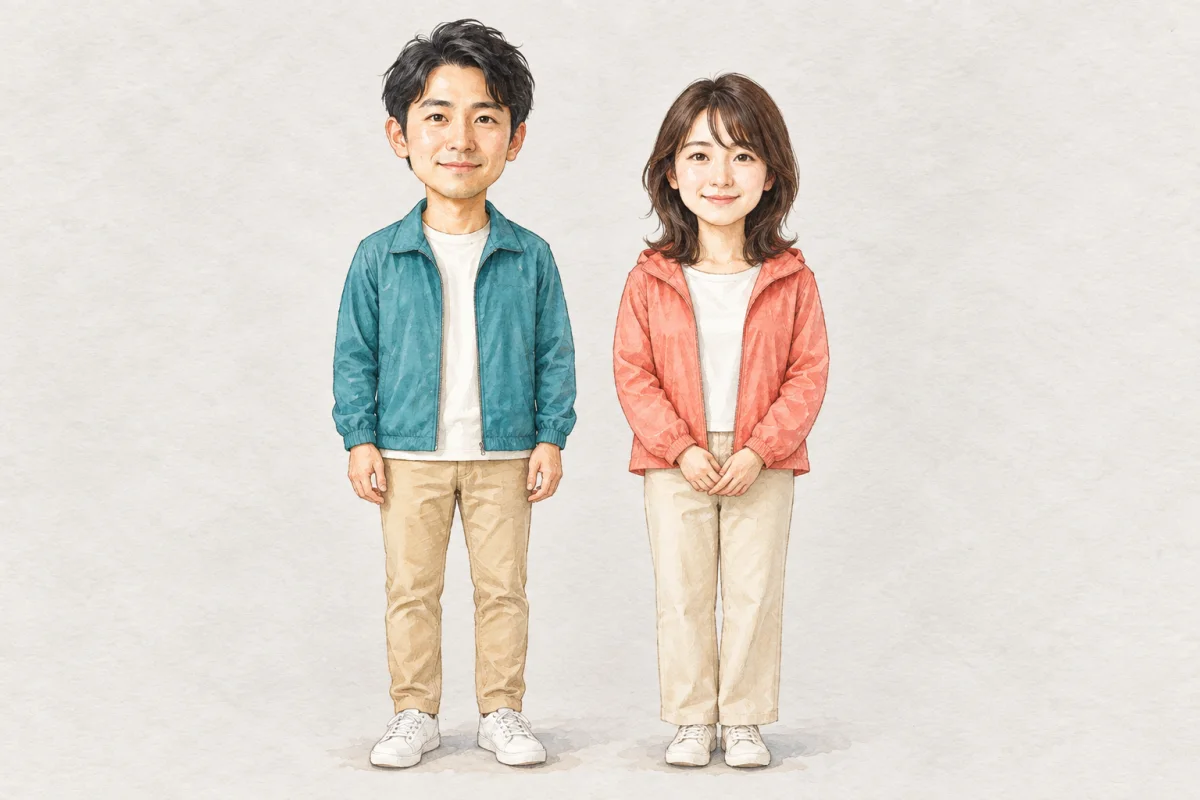 同じ成人男女を水彩絵本風で描いたキャラクター見本